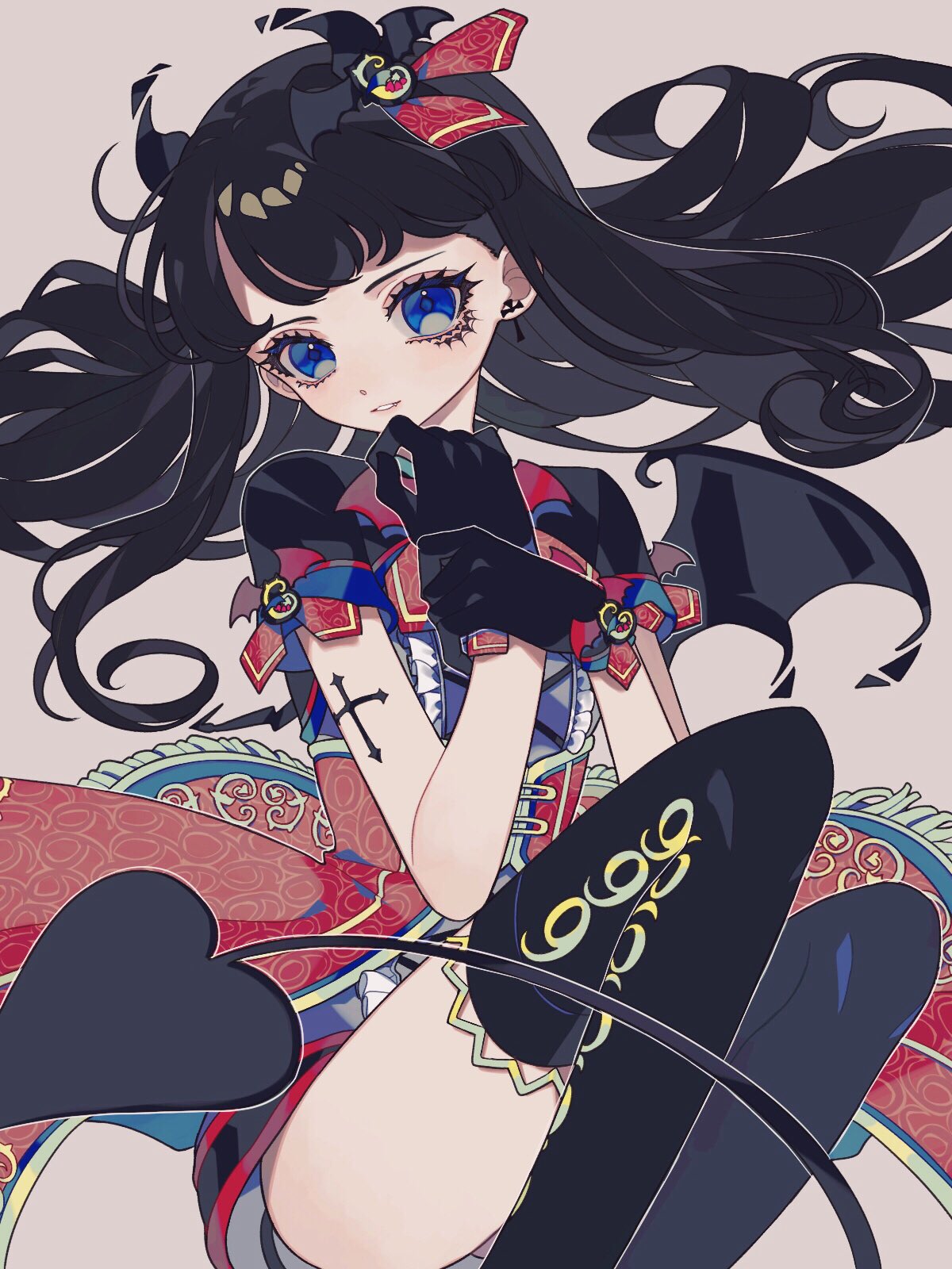 1girl bangs black_gloves black_hair blue_eyes blush commentary cross demon_tail demon_wings don_(macaron_panda13) dress ear_piercing eyeliner fang feet_out_of_frame frilled_dress frills gloves hair_ribbon hairband highres jewelry kurosu_aroma long_hair looking_at_viewer makeup parted_lips piercing pripara red_dress red_ribbon ribbon short_sleeves simple_background single_earring sitting smile solo tail thigh-highs thighs wings