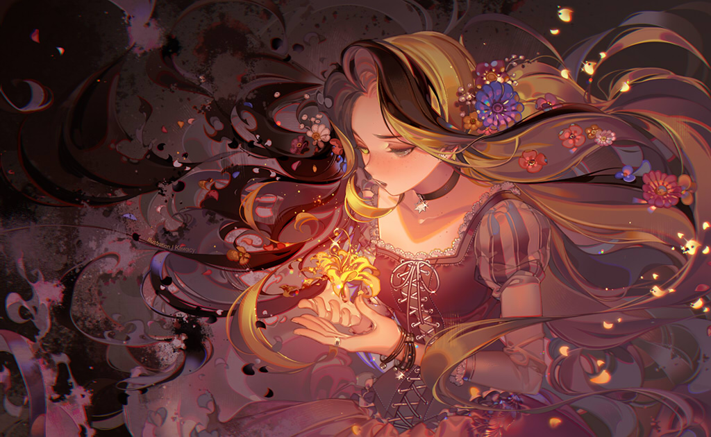 1girl black_background black_hair blonde_hair bracelet choker commentary commentary_request cross-laced_clothes dark_background decay disney dissolving_clothes dress flower glowing green_eyes hair_flower hair_ornament jewelry kawacy long_hair looking_down multicolored_hair parted_lips petals puffy_sleeves purple_dress rapunzel_(disney) simple_background solo spoilers tangled two-tone_hair upper_body very_long_hair