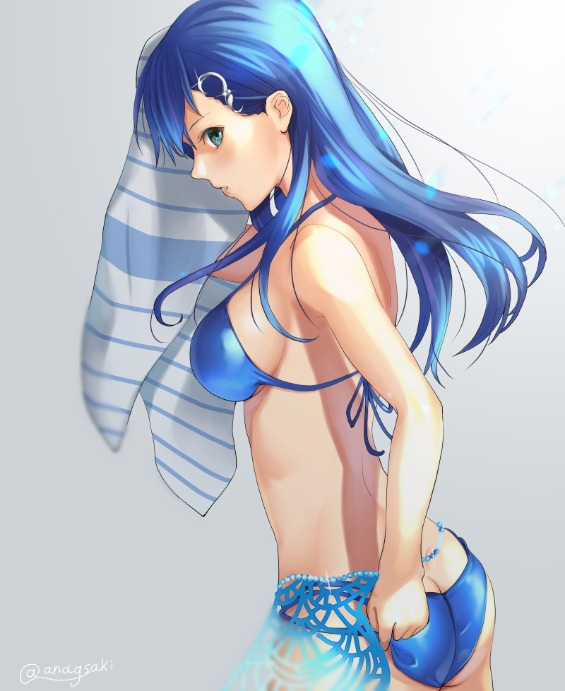 1girl adjusting_clothes adjusting_swimsuit aona_(kuuga19yuu) bikini blue_bikini blue_eyes blue_hair breasts from_side gradient gradient_background grey_background hair_ornament hairclip long_hair looking_at_viewer maria_traydor profile sideboob simple_background solo star_ocean star_ocean_till_the_end_of_time striped_towel swimsuit twitter_username white_background