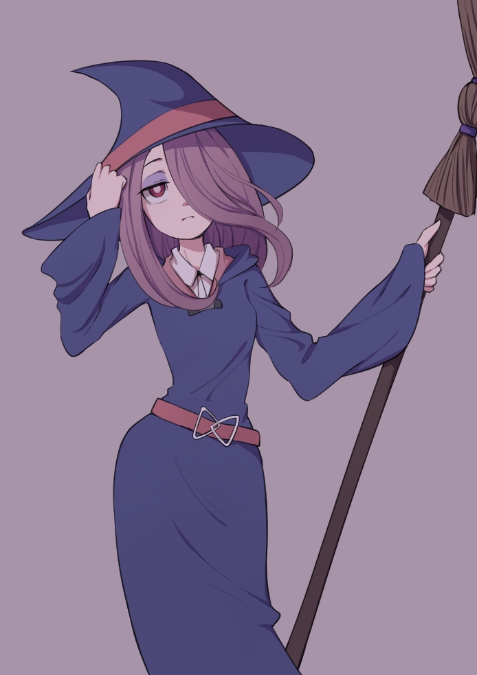 1girl belt broom collar commentary_request expressionless eyeshadow hair_over_one_eye half-closed_eyes hand_on_headwear hat holding holding_broom lavender_background lavender_hair little_witch_academia long_hair looking_at_viewer luna_nova_school_uniform makeup passerby_b red_belt red_eyes school_uniform simple_background solo sucy_manbavaran white_collar wide_sleeves witch witch_hat