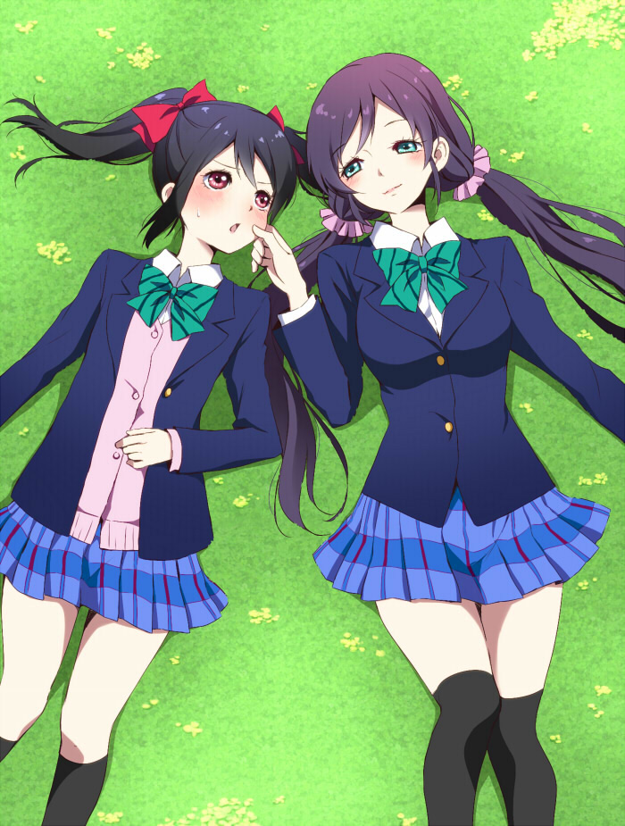 2girls aqua_eyes ascii_media_works black_hair blush bow breasts bushiroad cheek_pinching confused hair_bow large_breasts light_smile long_hair looking_at_another love_live! love_live!_school_idol_project low_twintails lying miniskirt multiple_girls on_grass on_ground open_mouth otonokizaka_school_uniform pinching purple_hair red_eyes school_uniform seeen skirt sunrise_(studio) tokyo_mx toujou_nozomi twintails yazawa_nico yuri