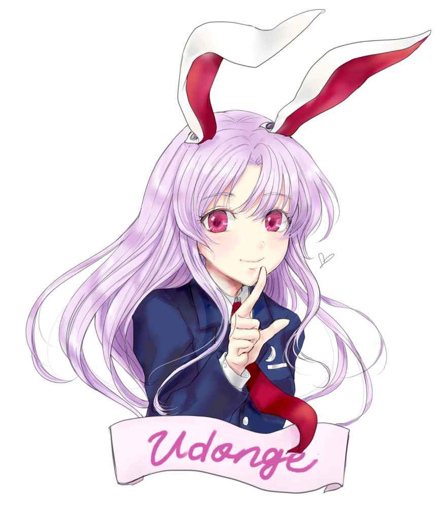 1girl animal_ears bangs blazer blue_jacket blush character_name commentary_request crescent crescent_moon_pin eyebrows_visible_through_hair hand_up heart index_finger_raised jacket long_hair looking_at_viewer necktie purple_hair rabbit_ears red_eyes red_neckwear reisen_udongein_inaba shizuki_uru simple_background smile solo touhou upper_body white_background