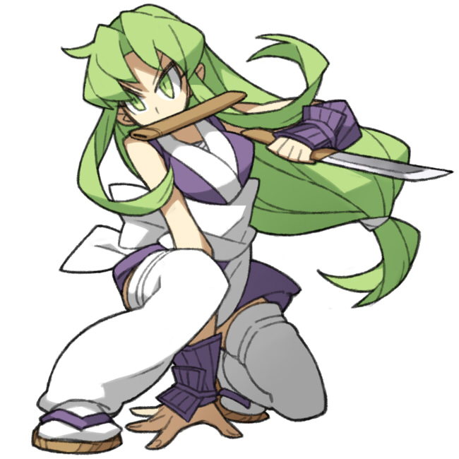 1girl breasts ganbare_goemon gauntlets green_eyes green_hair hand_on_floor japanese_clothes kimono kodachi long_hair low-tied_long_hair mouth_hold ninja one_knee sandals sheath short_kimono short_sword solo stance sword tabi thigh-highs user_symz7244 very_long_hair weapon yae_(ganbare_goemon) zettai_ryouiki