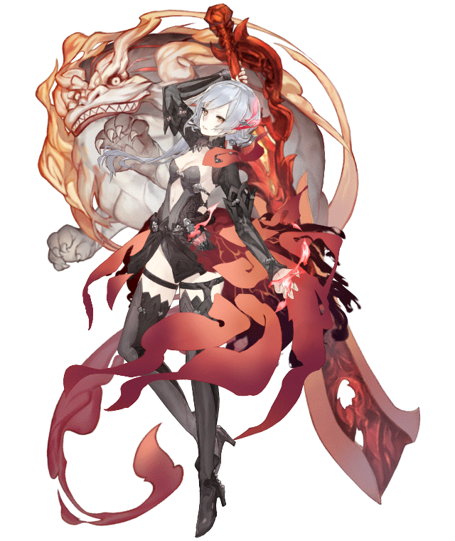 1girl asymmetrical_bangs bangs boots breasts bright_pupils claws dark_persona full_body hair_ornament half-nightmare high_heels huge_weapon ji_no lion looking_at_viewer navel navel_cutout official_art pale_skin red_eyes shrug_(clothing) sinoalice small_breasts snow_white_(sinoalice) solo sword sword_behind_back thigh-highs thigh_boots thigh_strap transparent_background weapon white_hair white_pupils