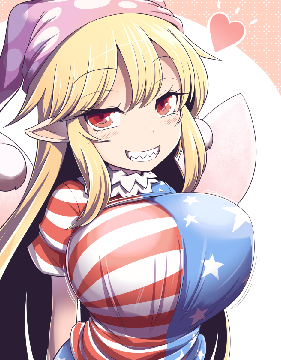 1girl american_flag_dress arms_behind_back blonde_hair breasts clownpiece commentary_request eyebrows_visible_through_hair fairy_wings frilled_shirt_collar frills grin hat heart highres huge_breasts jester_cap looking_at_viewer neck_ruff polka_dot purple_headwear red_eyes sharp_teeth short_sleeves smile solo striped teeth touhou wings xialu_zajin