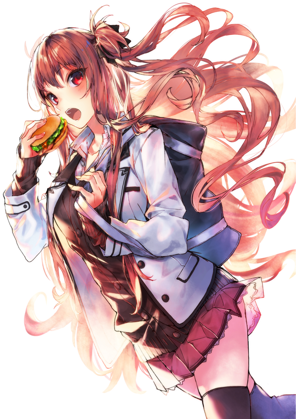 1girl bag bangs black_legwear black_ribbon brown_hair buttons cardigan commentary_request dutch_angle eating eyebrows_visible_through_hair floating_hair food hair_between_eyes hair_ribbon hamburger highres holding holding_food holding_strap jacket kuwashima_rein long_hair long_sleeves looking_at_viewer open_clothes open_jacket open_mouth original pleated_skirt pocket red_eyes red_skirt ribbon school_bag school_uniform shiny shiny_hair sidelocks simple_background skirt solo standing thigh-highs tororo_inniina two_side_up very_long_hair white_background white_jacket wind wing_collar zettai_ryouiki