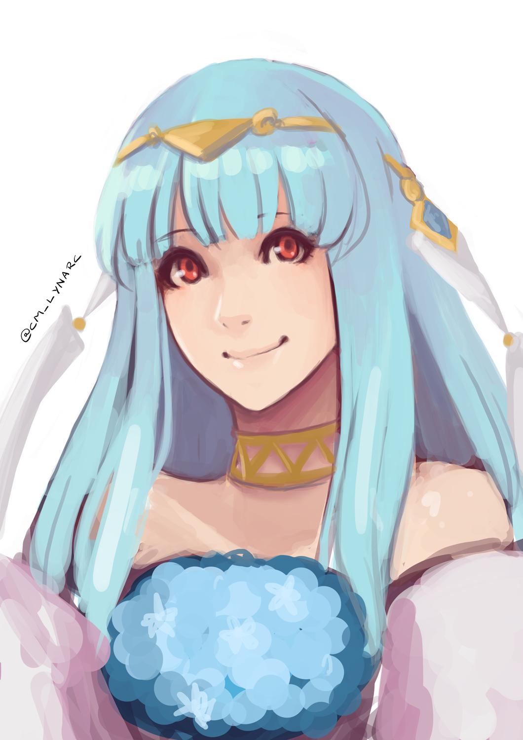 1girl bare_shoulders blue_hair blush bouquet bridal_veil bride cape cm_lynarc dress elbow_gloves fire_emblem fire_emblem:_rekka_no_ken fire_emblem_heroes flower gloves hair_flower hair_ornament highres jewelry long_hair looking_at_viewer mamkute necklace ninian smile solo strapless strapless_dress tiara veil wedding_dress white_dress white_gloves