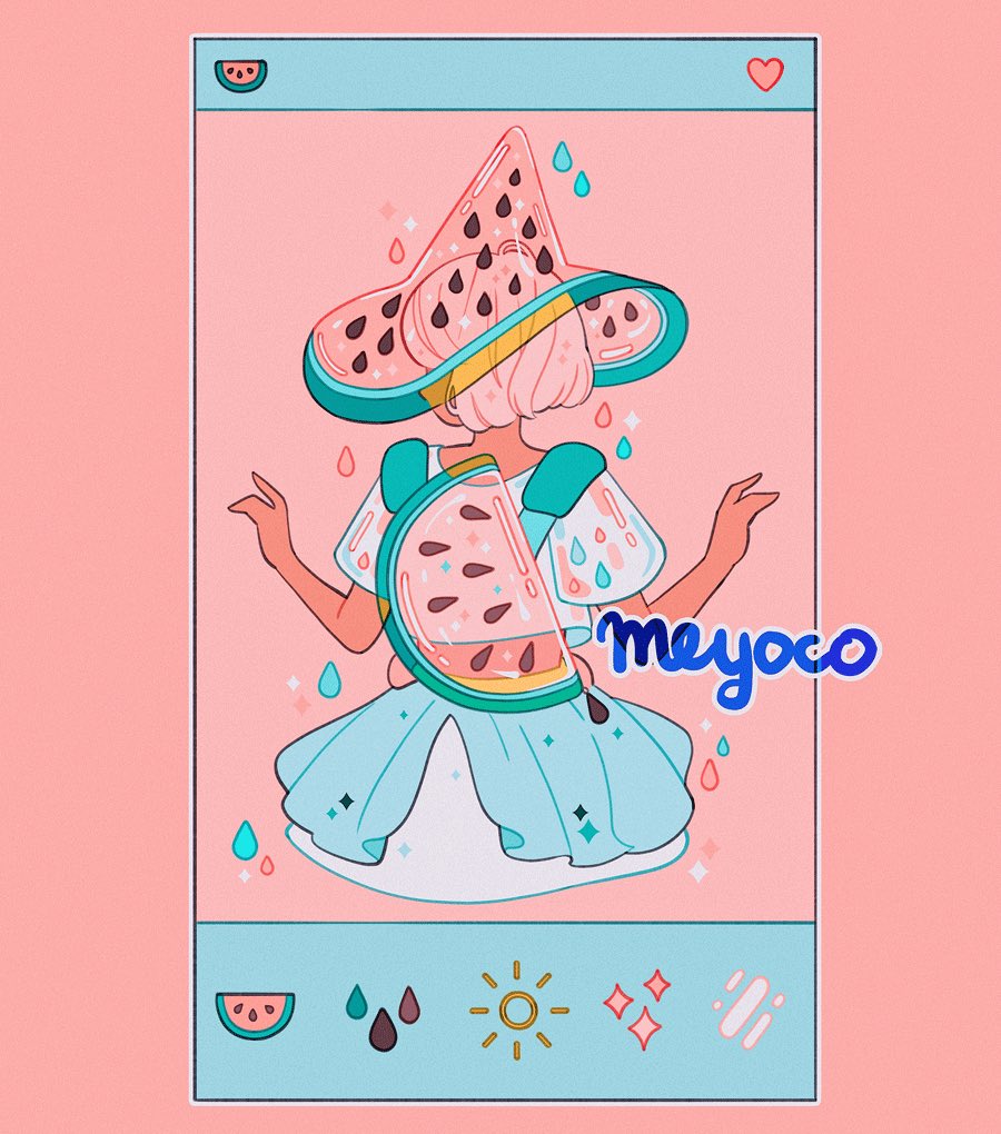 1girl artist_name backpack bag facing_away food from_behind fruit hands_up hat heart meyoco original pink_background pink_hair short_hair short_sleeves solo sparkle upper_body watermelon witch_hat