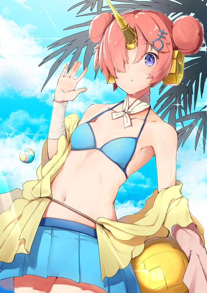 1girl bandaged_arm bandages beach bikini blue_bikini blue_eyes blue_sky breasts clouds day double_bun fate/apocrypha fate/grand_order fate_(series) frankenstein's_monster_(fate) frankenstein's_monster_(swimsuit_saber)_(fate) hair_ornament hair_over_one_eye headgear holding horn looking_at_viewer navel outdoors pink_hair pleated_skirt short_hair skirt sky small_breasts solo sweat swimsuit umbrella wet yuuzuki_(re'ef)