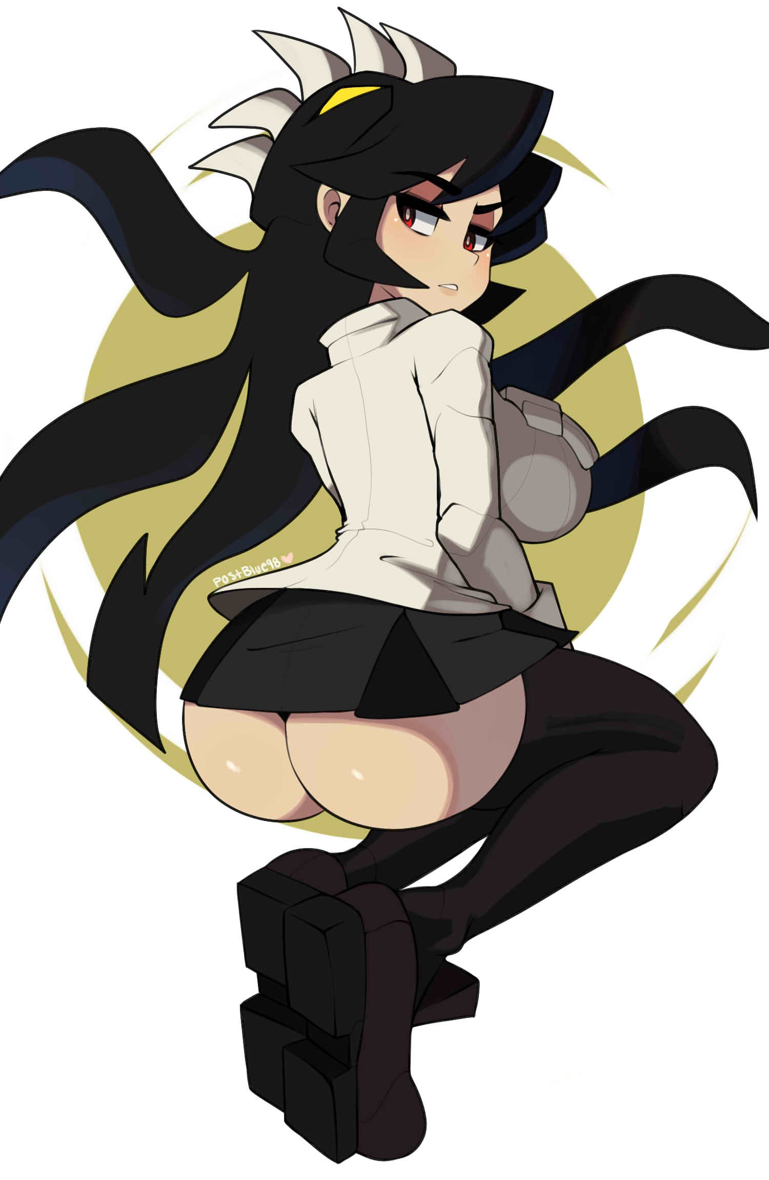 1girl artist_name ass back black_footwear black_hair black_legwear black_skirt blush breasts extra_mouth eyeliner eyeshadow filia_(skullgirls) from_behind highres invisible_chair large_breasts legs_together living_clothes living_hair long_hair long_sleeves looking_back makeup parted_lips postblue98 prehensile_hair red_eyes samson_(skullgirls) school_uniform shoe_soles shoes sitting skirt skullgirls thigh-highs