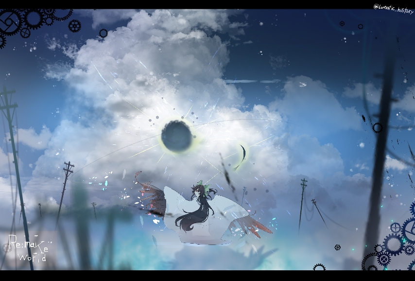 1girl bird_wings black_hair black_wings blue_sky blurry_foreground bow brown_eyes cape clouds from_behind full_body green_bow hair_bow letterboxed long_hair looking_at_viewer looking_back reiuji_utsuho scenery sky solo spread_wings standing title touhou twitter_username very_long_hair wading water watermark white_cape wings yatagarasu_yugoro