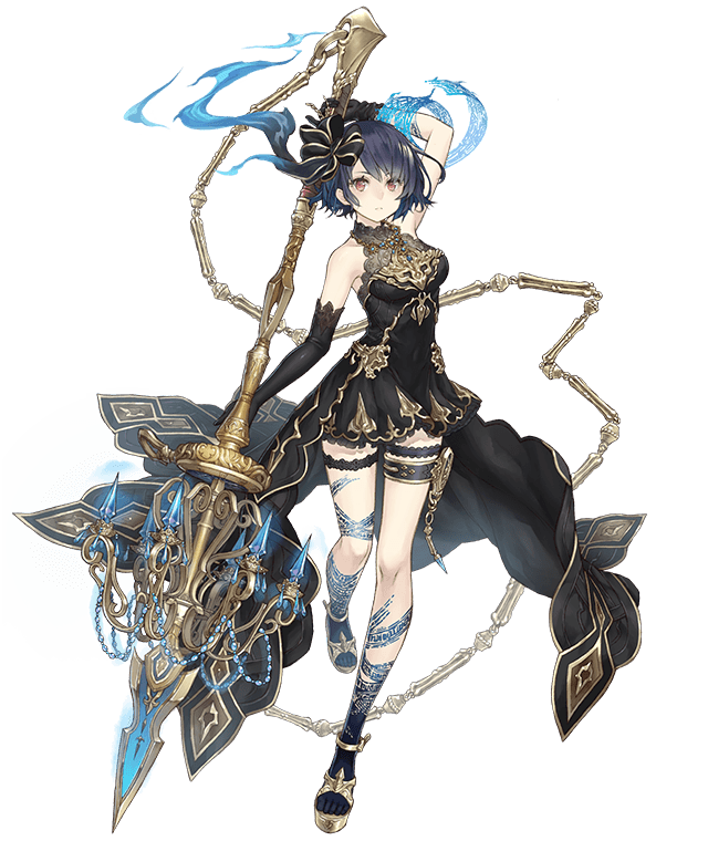 1girl alice_(sinoalice) bare_shoulders black_hair chain chandelier dress elbow_gloves expressionless eyebrows_visible_through_hair fire full_body gloves gold_trim hair_ribbon ji_no looking_at_viewer official_art platform_footwear polearm red_eyes ribbon short_hair sinoalice solo spear tattoo thigh_strap transparent_background weapon