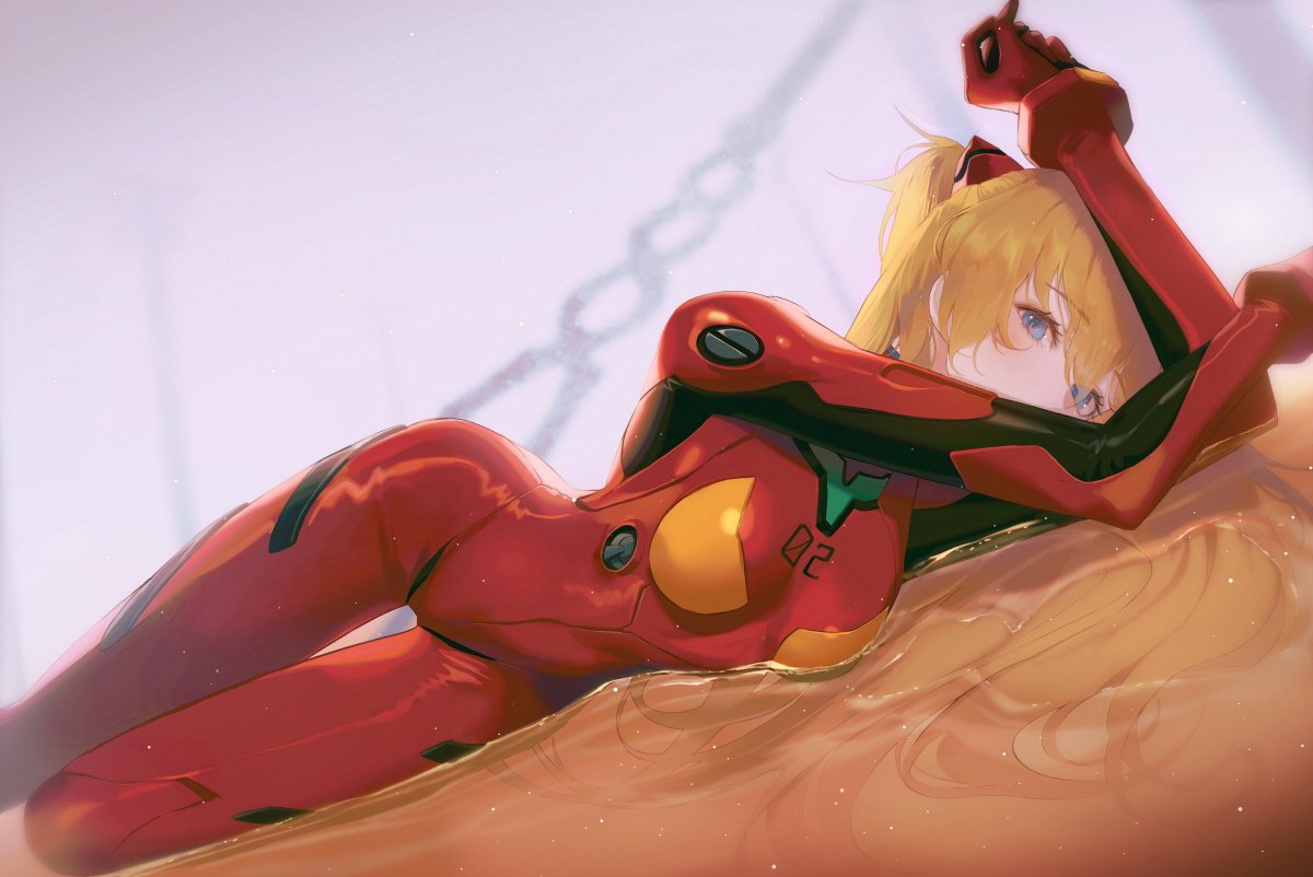 1girl bangs blue_eyes blush bodysuit breasts commentary dutch_angle feet_out_of_frame gloves hair_ornament lance_of_longinus long_hair looking_at_viewer lying medium_breasts neon_genesis_evangelion on_floor on_side orange_hair pilot_suit plugsuit red_bodysuit seol solo souryuu_asuka_langley thigh_gap two_side_up