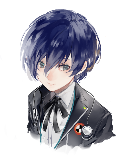 1boy black_jacket black_ribbon blue_eyes blue_hair closed_mouth collared_shirt cropped_torso dress_shirt hair_between_eyes jacket lor_(roasyerizyonirapi) male_focus neck_ribbon persona persona_3 ribbon school_uniform shirt simple_background smile solo upper_body white_background white_shirt wing_collar yuuki_makoto