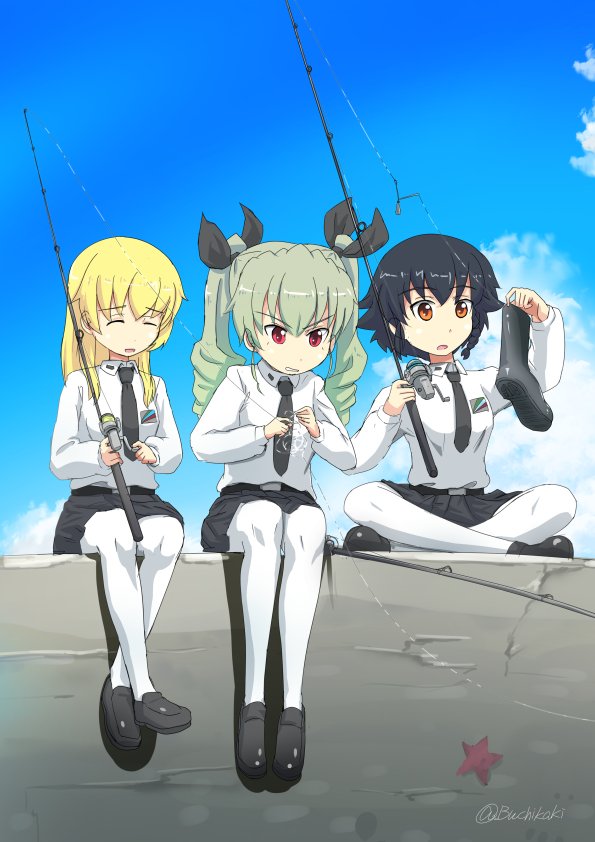 3girls anchovy anzio_school_uniform bangs belt black_belt black_footwear black_hair black_neckwear black_ribbon black_skirt blonde_hair blue_sky boots braid brown_eyes buchikaki carpaccio closed_eyes clouds cloudy_sky day dress_shirt drill_hair emblem eyebrows_visible_through_hair fishing_rod girls_und_panzer green_eyes green_hair grimace hair_ribbon holding holding_fishing_rod indian_style loafers long_hair long_sleeves miniskirt multiple_girls necktie open_mouth outdoors pantyhose pepperoni_(girls_und_panzer) pier pleated_skirt red_eyes ribbon school_uniform shirt shoes short_hair side_braid sitting skirt sky smile starfish twin_drills twintails twitter_username white_legwear white_shirt