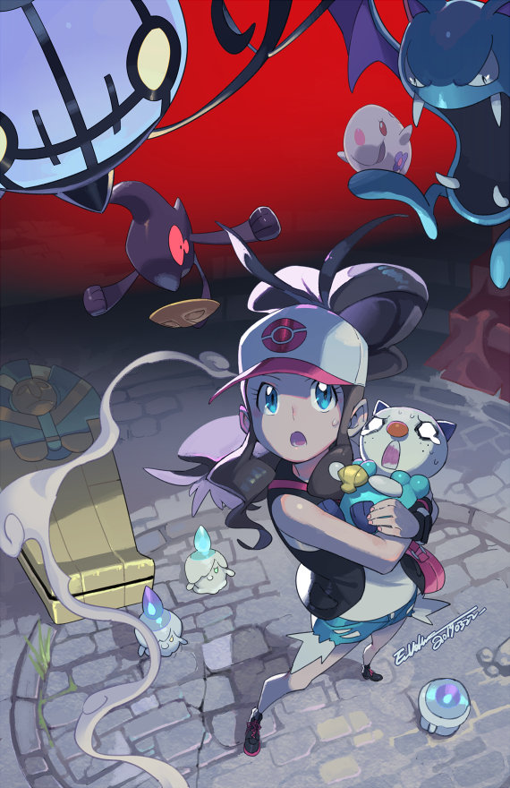 1girl baseball_cap black_jacket blue_eyes blue_shorts brown_hair character_request ege_(597100016) from_above full_body golbat hat holding holding_pokemon jacket long_hair looking_up open_clothes open_jacket poke_ball_print pokemon pokemon_(creature) pokemon_(game) pokemon_bw shirt short_shorts shorts sleeveless sleeveless_shirt standing sweatdrop torn_clothes torn_shorts touko_(pokemon) white_headwear white_shirt
