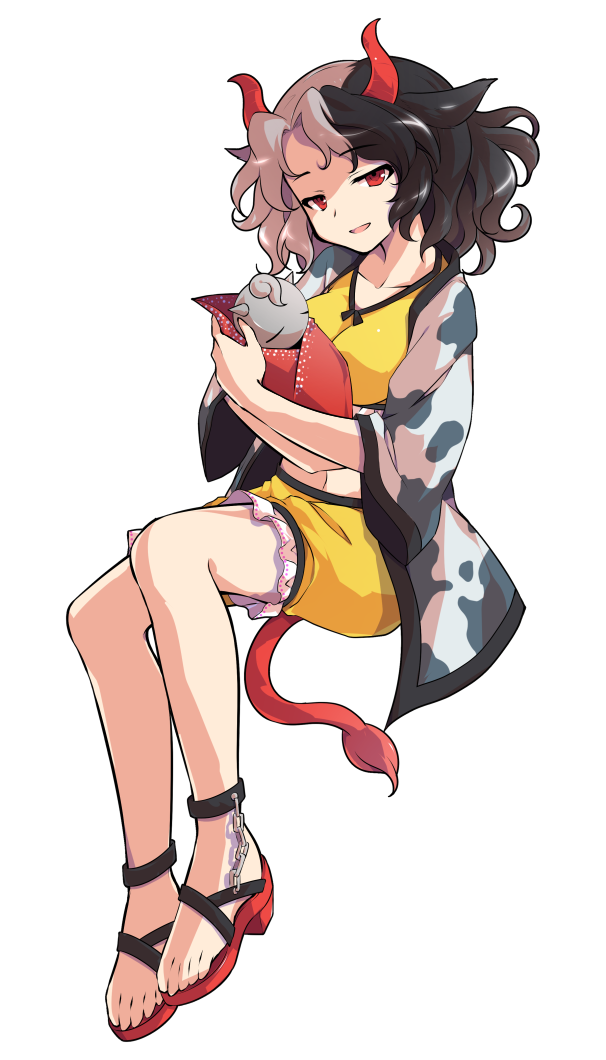 1girl alphes_(style) animal_ears animal_print black_hair collarbone cow_ears cow_print dairi full_body horns looking_at_viewer midriff multicolored_hair navel open_mouth parody red_eyes red_horns short_hair simple_background smile solo style_parody tachi-e touhou two-tone_hair ushizaki_urumi white_background white_hair