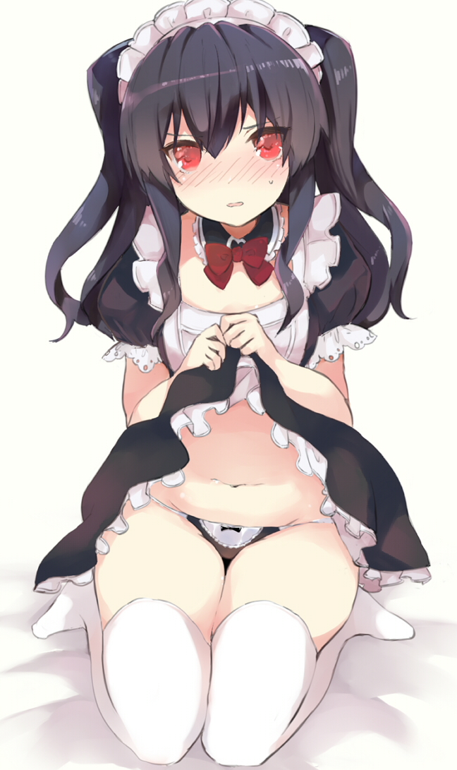 1girl alternate_costume black_hair blush bow enmaided hair_ribbon maid maid_dress maid_headdress mikan_no_shiru navel neptune_(series) open_mouth panties puffy_short_sleeves puffy_sleeves red_bow red_eyes ribbon seiza short_sleeves sitting thigh-highs underwear uni_(neptune_series) white_legwear