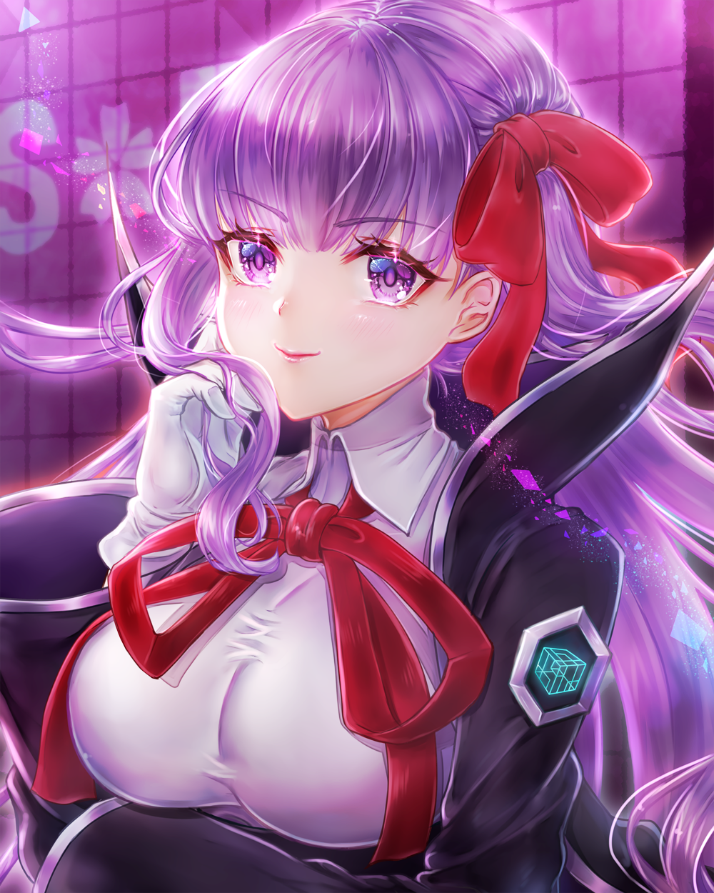 1girl asymmetrical_gloves bangs bb_(fate)_(all) bb_(fate/extra_ccc) black_gloves bow breasts closed_mouth collared_shirt eyebrows_visible_through_hair fate/extra fate/extra_ccc fate_(series) floating_hair gloves hair_bow hair_twirling highres large_breasts long_hair long_sleeves neck_ribbon purple_hair red_bow red_ribbon ribbon shiny shiny_hair shirt smile solo tamaso upper_body very_long_hair violet_eyes white_gloves white_shirt wing_collar