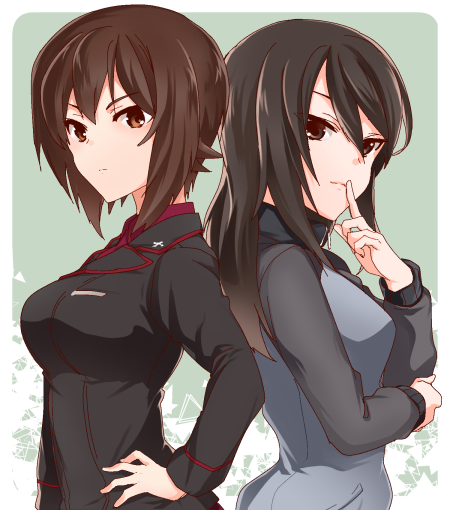 arm_grab back-to-back bangs black_jacket blue_jacket brown_eyes brown_hair closed_mouth dress_shirt finger_to_mouth from_side girls_und_panzer hand_on_hip insignia jacket keizoku_military_uniform kuromorimine_military_uniform light_frown light_smile long_sleeves looking_at_viewer mika_(girls_und_panzer) military military_uniform nakaya_106 nishizumi_maho no_hat no_headwear raglan_sleeves red_shirt shirt short_hair standing track_jacket uniform upper_body