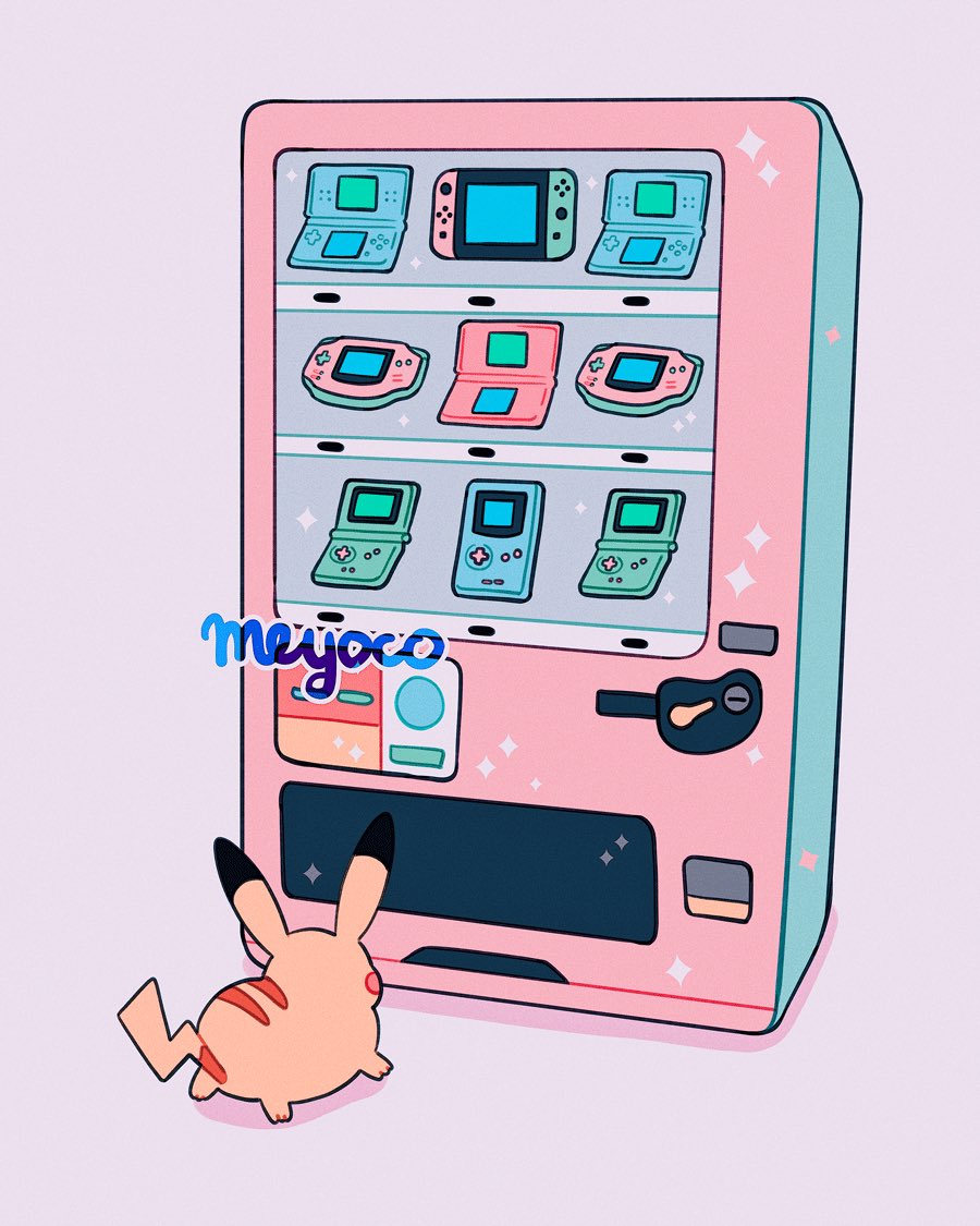 1other animal artist_name back creatures_(company) game_boy game_boy_advance game_boy_advance_sp game_freak gen_1_pokemon handheld_game_console meyoco mouse nintendo nintendo_ds nintendo_switch no_humans nostalgia pikachu pokemon pokemon_(creature) sparkle vending_machine