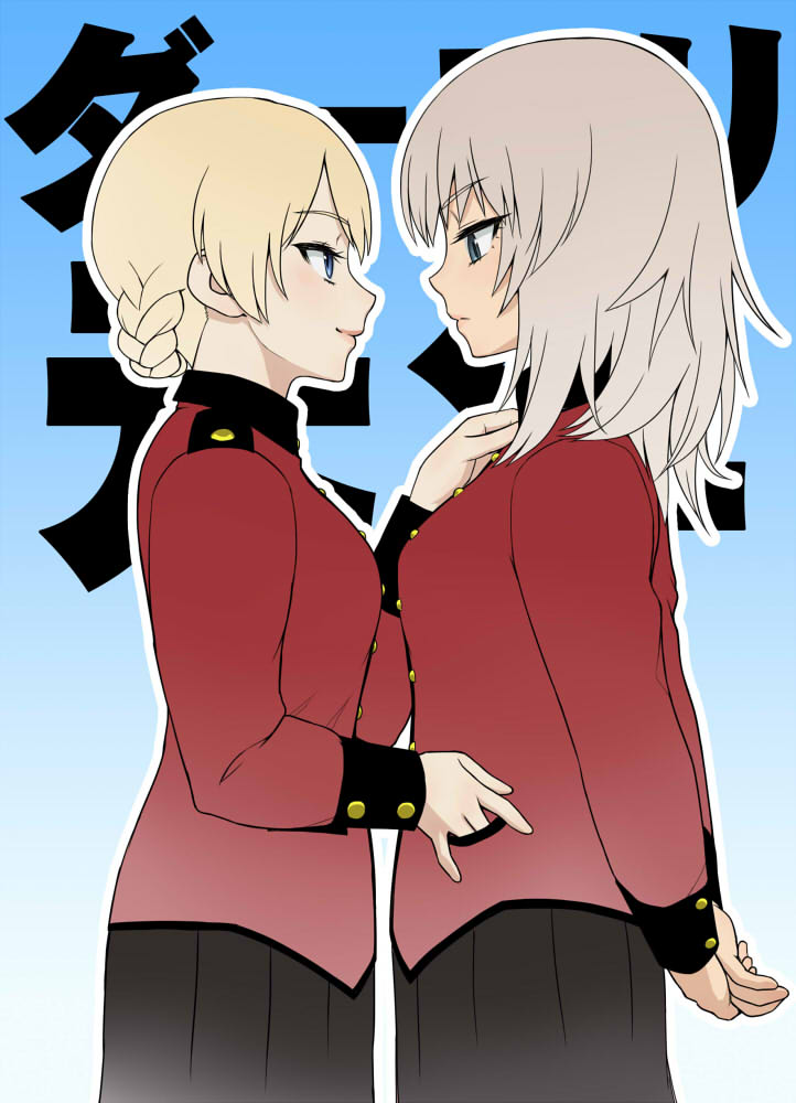 2girls adjusting_another's_clothes alternate_costume arms_behind_back bangs black_skirt blonde_hair blue_background blue_eyes braid commentary darjeeling epaulettes eyebrows_visible_through_hair girls_und_panzer gradient gradient_background itsumi_erika jacket light_frown light_smile long_sleeves medium_hair military military_uniform multiple_girls outline pleated_skirt red_jacket short_hair silver_hair skirt st._gloriana's_military_uniform tied_hair translated uniform wata_do_chinkuru white_outline