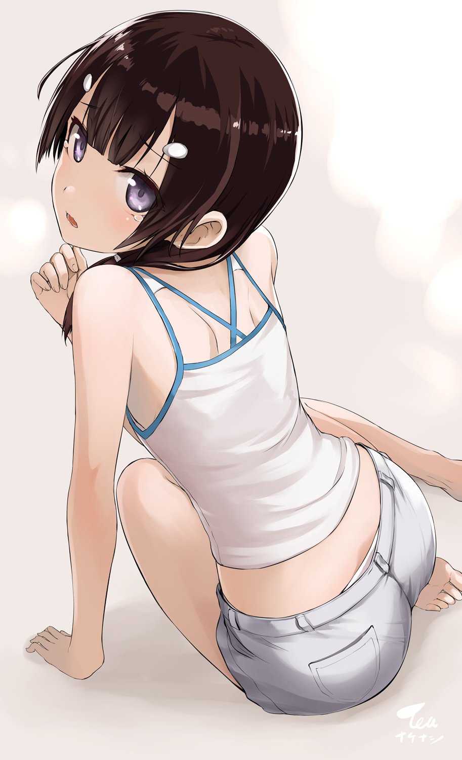 1girl arm_support artist_name ass bare_arms bare_legs bare_shoulders barefoot brown_hair camisole commentary_request grey_eyes grey_shorts hair_ornament hair_over_shoulder hairclip hand_up head_tilt highres long_hair looking_at_viewer looking_back midriff open_mouth original panties panty_peek shadow shirt short_shorts shorts shoulder_blades sidelocks sitting sleeveless sleeveless_shirt solo tea_(nakenashi) tearing_up tears thighs underwear white_panties white_shirt