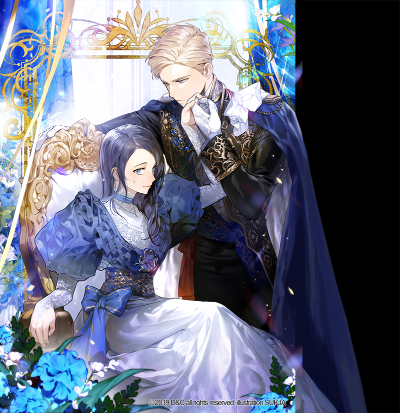1boy 1girl artist_name black_hair black_pants blonde_hair blue_bow blue_cape blue_eyes bow cape chair dated dress dress_bow flower gloves gold_trim grey_eyes hetero holding_hands indoors long_sleeves looking_at_another official_art pants puffy_sleeves sitting standing sukja sweatdrop white_gloves