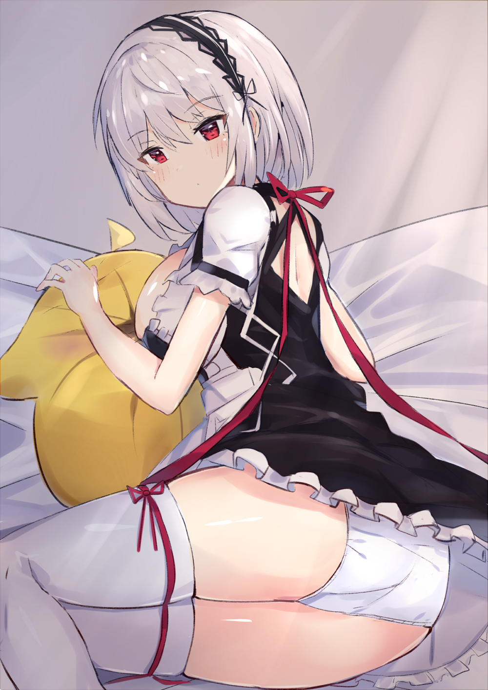 1girl apron ass azur_lane black_dress breasts closed_mouth dress frilled_dress frills headdress highres large_breasts looking_at_viewer lying maid maid_apron on_side panties pillow red_eyes short_hair short_sleeves sidelocks silver_hair sirius_(azur_lane) solo thigh-highs thighs underwear waist_apron white_legwear white_panties xenonstriker