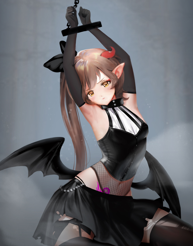 1girl armpits arms_up black_bow black_legwear black_skirt black_wings bow breasts broken_leg brown_eyes brown_hair collar demon_girl elbow_gloves fishnet_fabric gloves grey_background hair_bow horns long_hair looking_at_viewer midriff navel original pointy_ears pubic_tattoo restrained skirt small_breasts solo succubus tattoo thigh-highs very_long_hair wings