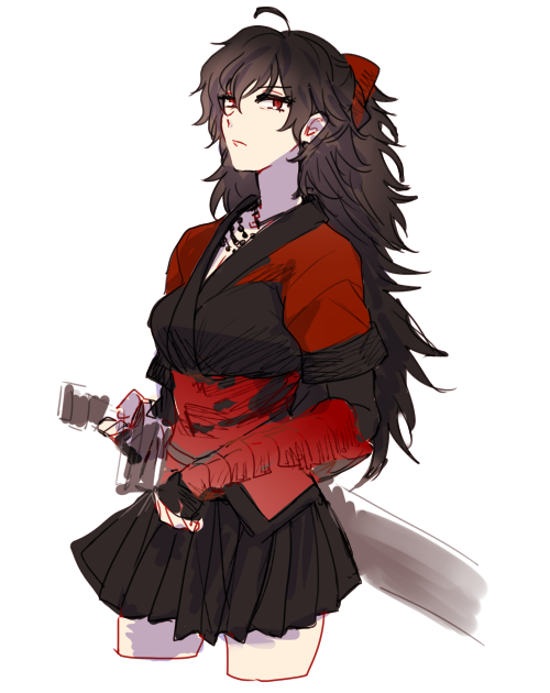 1girl ahoge bead_necklace beads black_hair chuu doodle greaves jewelry long_hair looking_at_viewer necklace raven_branwen red_eyes rwby scabbard sheath skirt solo sword weapon white_background younger