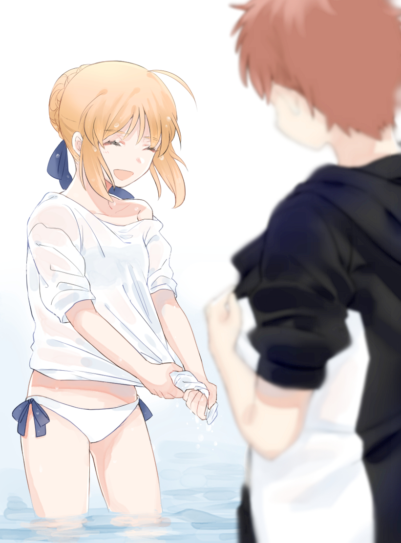 1boy 1girl :d artoria_pendragon_(all) blonde_hair blue_ribbon blurry_foreground braided_bun closed_eyes collarbone emiya_shirou fate/stay_night fate_(series) hair_ribbon jacket open_clothes open_jacket open_mouth ribbon saber shirt short_hair short_sleeves smile suzuakks wet wet_clothes wet_shirt white_bikini_bottom white_shirt