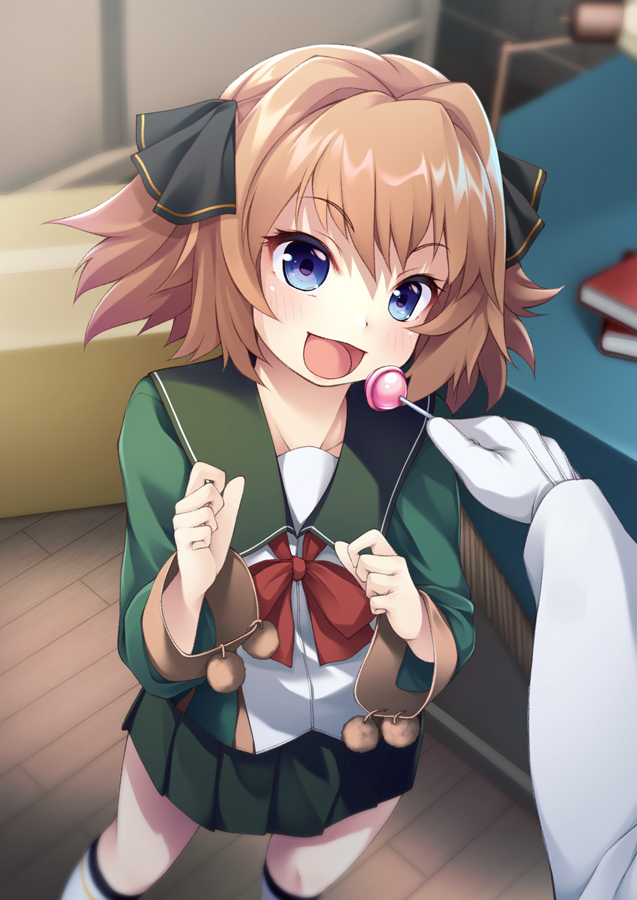 1girl blue_eyes blurry blurry_background blush book box brown_hair candy cardboard_box collarbone commentary_request food gloves hachijou_(kantai_collection) hair_ribbon kantai_collection lollipop looking_at_viewer military military_uniform mofu_namako open_mouth pov pov_hands ribbon school_uniform short_hair solo_focus table uniform white_gloves wooden_floor