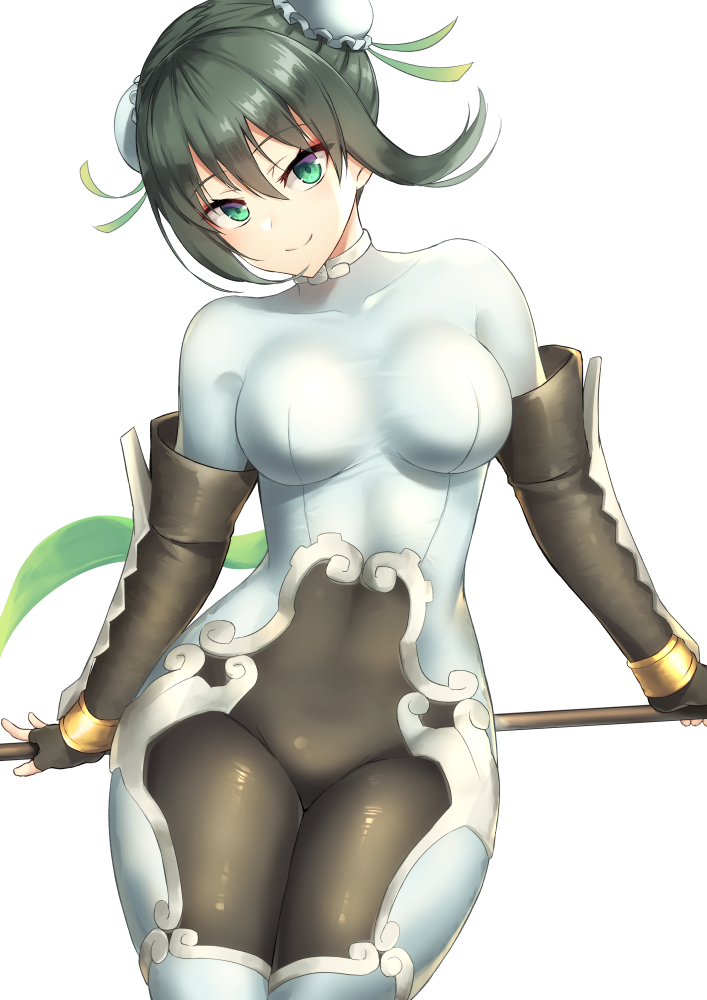 1girl black_bodysuit black_hair bodysuit breasts bun_cover chinese_clothes covered_navel double_bun fate/grand_order fate_(series) fingerless_gloves gloves green_eyes holding holding_weapon looking_at_viewer medium_breasts multicolored multicolored_bodysuit multicolored_clothes p!nta polearm qin_liangyu_(fate) sidelocks simple_background skin_tight smile solo weapon white_background white_bodysuit