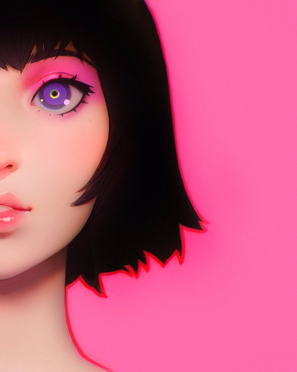 1girl black_hair eyeshadow face head_out_of_frame highres ilya_kuvshinov lips makeup original pink_background short_hair simple_background solo violet_eyes