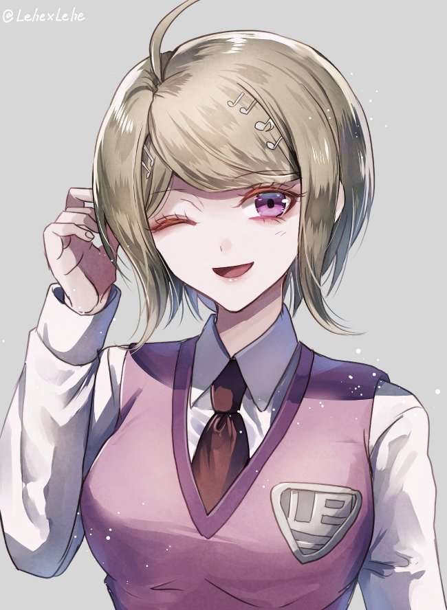 1girl ahoge akamatsu_kaede alternate_hair_length alternate_hairstyle artist_name bangs blonde_hair blush breasts commentary_request dangan_ronpa eighth_note eyebrows_visible_through_hair grey_background hair_ornament large_breasts long_sleeves looking_at_viewer musical_note musical_note_hair_ornament necktie new_dangan_ronpa_v3 one_eye_closed open_mouth pink_sweater_vest red_neckwear school_uniform shirt short_hair smile solo sweater_vest twitter_username violet_eyes white_shirt z-epto_(chat-noir86)
