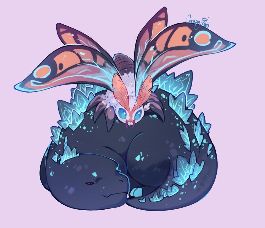 2others artist_name chibi closed_eyes crispyfrites fangs glowing godzilla godzilla:_king_of_the_monsters godzilla_(series) grey_background moth_wings mothra mothra_(godzilla:_king_of_the_monsters) multiple_others simple_background sleeping spiked_tail spines tail wings