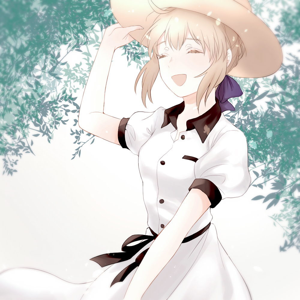 1girl :d artoria_pendragon_(all) blonde_hair blue_bow blue_ribbon bow closed_eyes dress fate/stay_night fate_(series) hair_bow hat open_mouth ribbon saber short_hair short_sleeves sidelocks smile solo sun_hat sundress suzuakks white_background white_dress