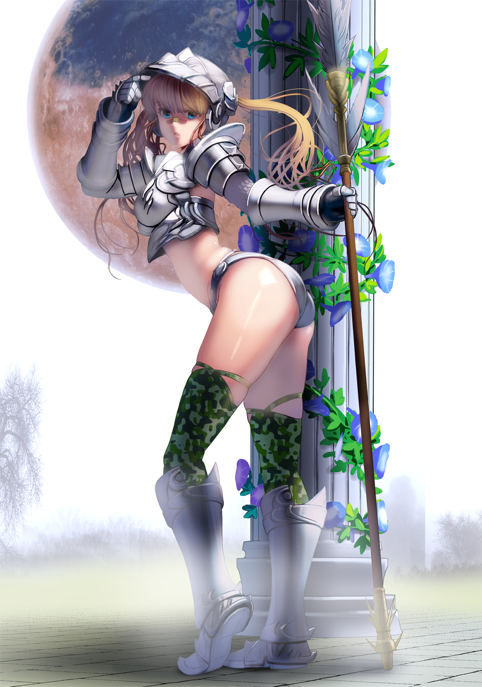 1girl armor armored_boots ass bandaid bandaid_on_nose bangs bikini_armor bikini_bottom blonde_hair blue_eyes boots breastplate breasts camouflage full_moon gauntlets helmet highres holding holding_weapon knight long_hair looking_at_viewer masao medium_breasts midriff moon original outdoors polearm profile solo spear standing thigh-highs twintails weapon