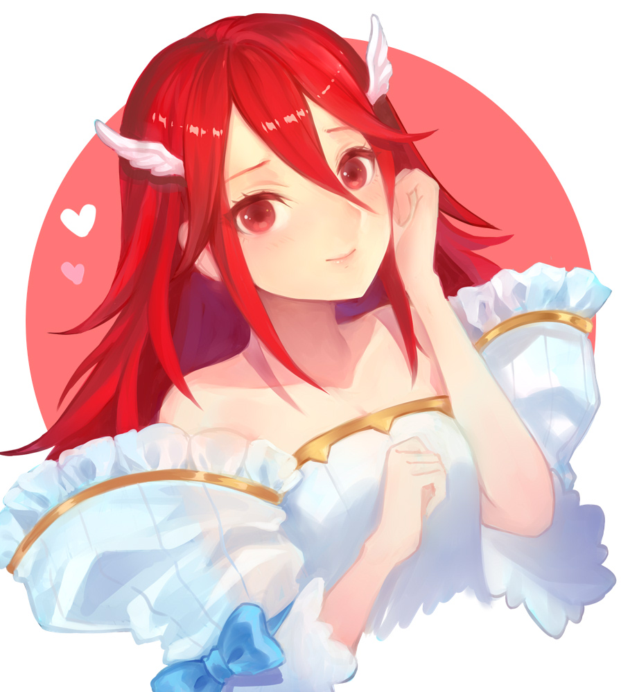 1girl alternate_costume blush dress fire_emblem fire_emblem:_rekka_no_ken fire_emblem_heroes hair_between_eyes hand_in_hair heart jurge lips long_hair looking_at_viewer red_background red_eyes redhead simple_background smile solo cordelia_(fire_emblem) two-tone_background upper_body wedding_dress white_background wing_hair_ornament