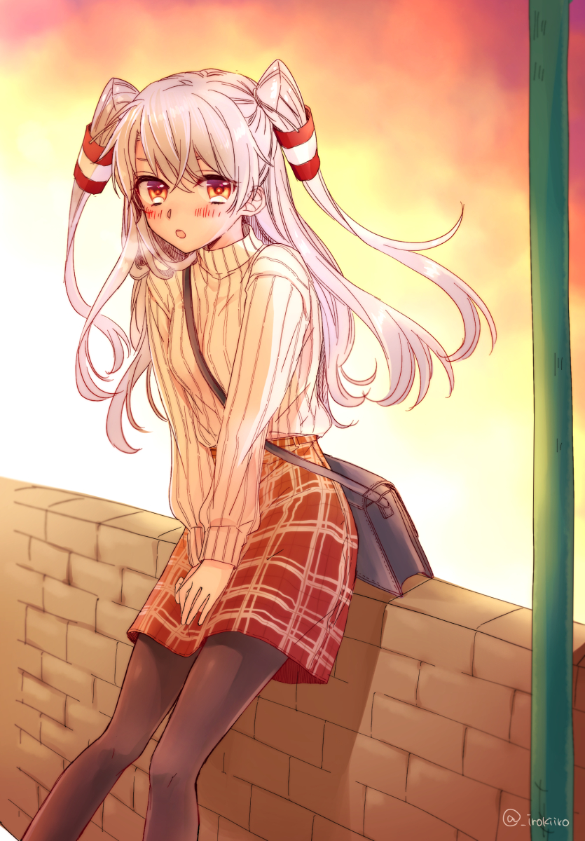 1girl alternate_costume amatsukaze_(kantai_collection) bag bangs between_breasts black_legwear blush breasts breath brick_wall evening hair_tubes hands_together highres irokiiro kantai_collection long_hair long_sleeves open_mouth outdoors red_skirt silver_hair skirt solo strap_between_breasts striped sweater twintails twitter_username two_side_up