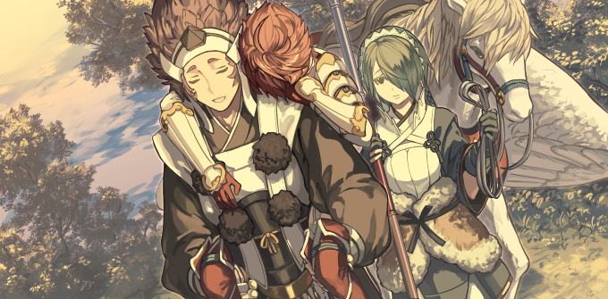1boy 2girls :d asama_(fire_emblem_if) black_gloves black_kimono boots brown_eyes brown_hair carrying closed_eyes day dutch_angle fire_emblem fire_emblem_if gloves green_hair hair_over_one_eye hinoka_(fire_emblem_if) holding japanese_clothes kimono long_sleeves mooncanopy multiple_girls open_mouth outdoors pegasus piggyback red_footwear redhead setsuna_(fire_emblem_if) short_hair smile spiky_hair thigh-highs thigh_boots upper_body walking