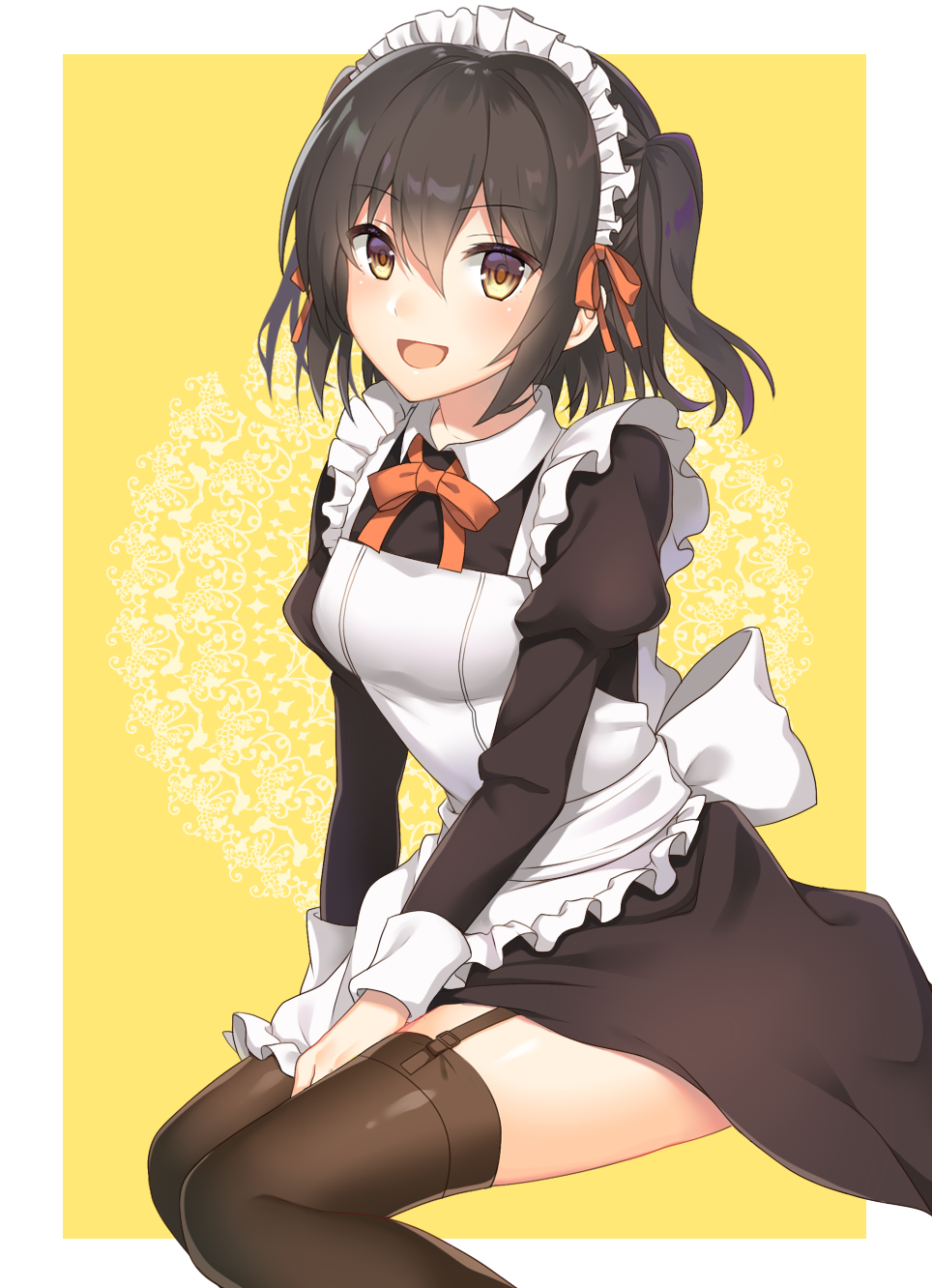 1girl alternate_costume apron bangs black_hair black_legwear blush breasts eyebrows_visible_through_hair frilled_apron frills garter_straps hair_between_eyes highres kantai_collection long_sleeves maid maid_headdress open_mouth red_neckwear red_ribbon ribbon sendai_(kantai_collection) smile solo thigh-highs two_side_up white_apron yellow_eyes yuzuttan