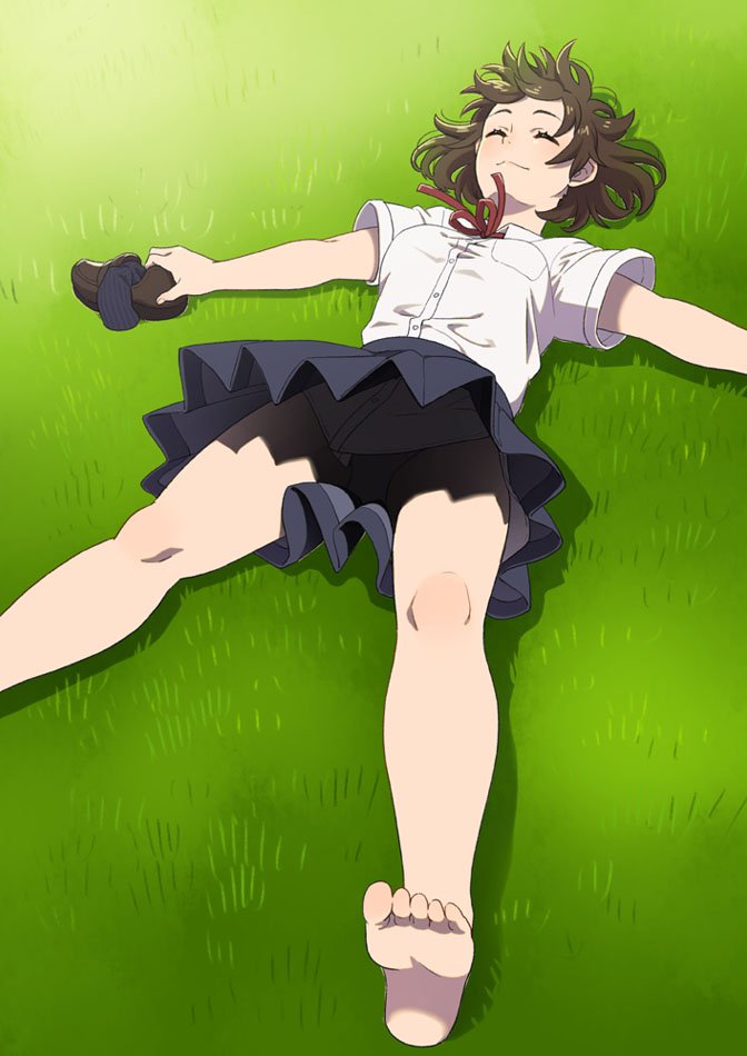 1girl barefoot breast_pocket breasts brown_footwear brown_hair closed_eyes facing_up grass lying mattaku_mousuke medium_breasts on_back original outstretched_arms pleated_skirt pocket school_uniform shirt shoes_removed short_hair short_sleeves skirt smile socks_removed soles solo upskirt white_shirt