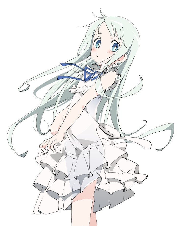 1girl ano_hi_mita_hana_no_namae_wo_bokutachi_wa_mada_shiranai. blue_eyes blue_neckwear blue_ribbon blush dress honma_meiko ixy long_hair looking_at_viewer ribbon simple_background sleeveless sleeveless_dress solo standing white_background white_dress white_hair