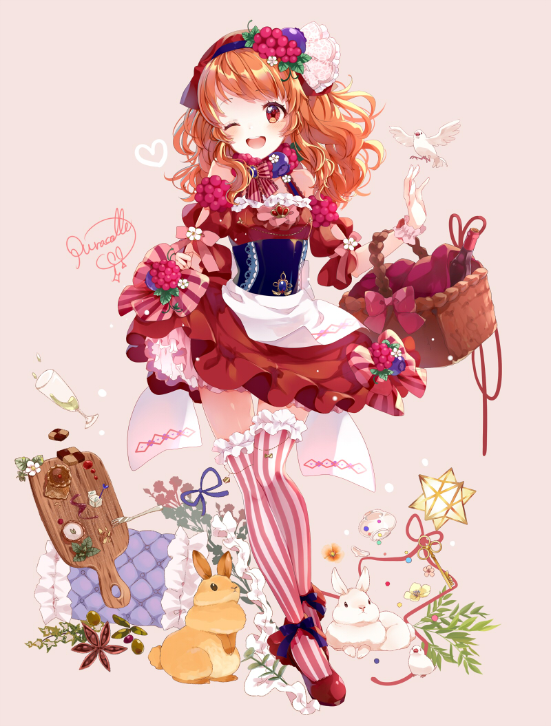 1girl ;d aikatsu! aikatsu!_(series) animal apron basket beige_background bird blueberry blueberry_hair_ornament bottle bow champagne_flute checkerboard_cookie commentary_request cookie corset cup cutting_board detached_sleeves dress drinking_glass flower food food_themed_clothes food_themed_hair_ornament fork fruit full_body garters hair_ornament headdress key long_hair looking_at_viewer one_eye_closed oozora_akari open_mouth orange_hair petticoat pink_legwear puffy_sleeves puracotte rabbit raspberry raspberry_hair_ornament red_dress red_eyes red_footwear red_headwear shoes signature simple_background skirt_hold smile solo standing striped striped_bow striped_legwear thigh-highs thigh_gap vertical-striped_legwear vertical_stripes waist_apron wrist_cuffs zettai_ryouiki