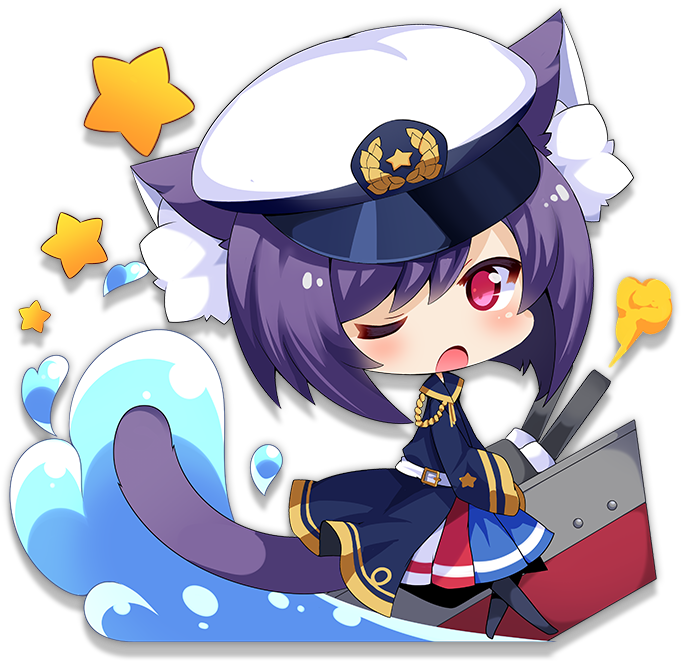 1girl animal_ears azur_lane belt black_hair black_legwear blue_skirt blush cat_ears cat_tail chibi eyebrows_visible_through_hair long_sleeves looking_at_viewer multicolored multicolored_clothes multicolored_skirt official_art one_eye_closed open_mouth pantyhose pink_eyes red_skirt skirt solo star tail transparent_background white_headwear