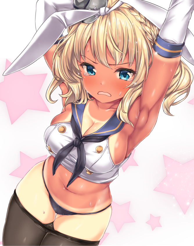 1girl armpits arms_up bangs black_legwear black_neckwear black_panties blonde_hair blue_eyes blush braid breasts capelet colorado_(kantai_collection) commentary_request cosplay cowboy_shot crop_top crying crying_with_eyes_open elbow_gloves eyebrows_visible_through_hair french_braid gloves hair_ribbon hairband kantai_collection large_breasts looking_at_viewer navel neckerchief necktie nijimoto_hirok open_mouth panties pantyhose pantyhose_pull ribbon sailor_collar school_uniform serafuku shimakaze_(kantai_collection) shimakaze_(kantai_collection)_(cosplay) short_hair sidelocks skindentation solo star sweat tan tanline tears underwear white_gloves white_ribbon