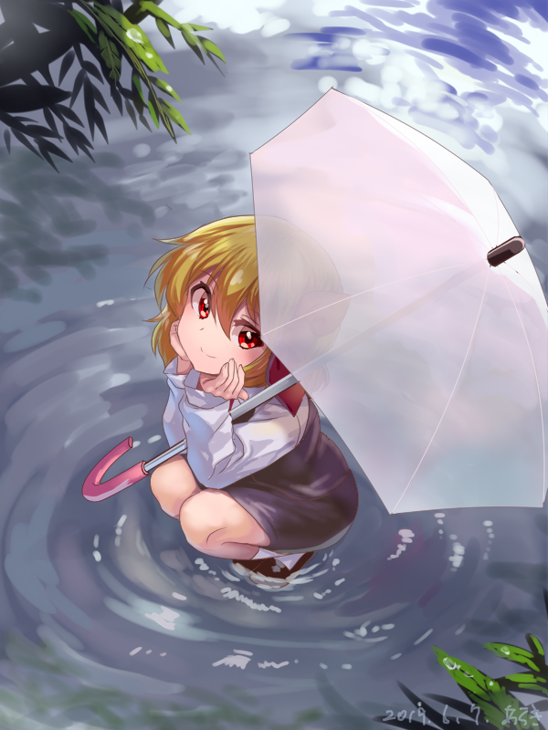 1girl araki_(qbthgry) black_footwear black_skirt black_vest blonde_hair commentary_request dated elbows_on_knees from_above hair_between_eyes hair_ribbon head_in_hand in_water long_sleeves looking_at_viewer looking_up red_eyes ribbon ripples rumia shirt short_hair signature skirt sleeve_cuffs smile solo squatting touhou transparent transparent_umbrella tree_branch umbrella vest white_legwear white_shirt