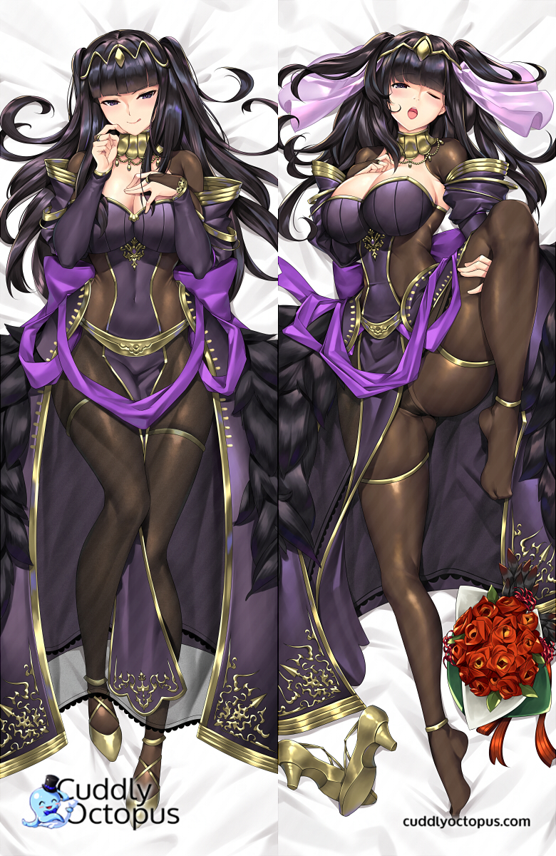 1girl :q ;o bangs bed_sheet black_eyes black_hair blunt_bangs blush bodystocking bouquet breasts bridal_gauntlets cape commentary covered_navel cuddly_octopus dakimakura english_commentary eyebrows_visible_through_hair fire_emblem fire_emblem:_kakusei flower full_body hand_on_own_chest heart high_heels highres jewelry knee_up large_breasts long_hair looking_at_viewer one_eye_closed open_mouth pelvic_curtain shoes_removed smile solo tharja tiara tongue tongue_out tony_guisado two_side_up veil